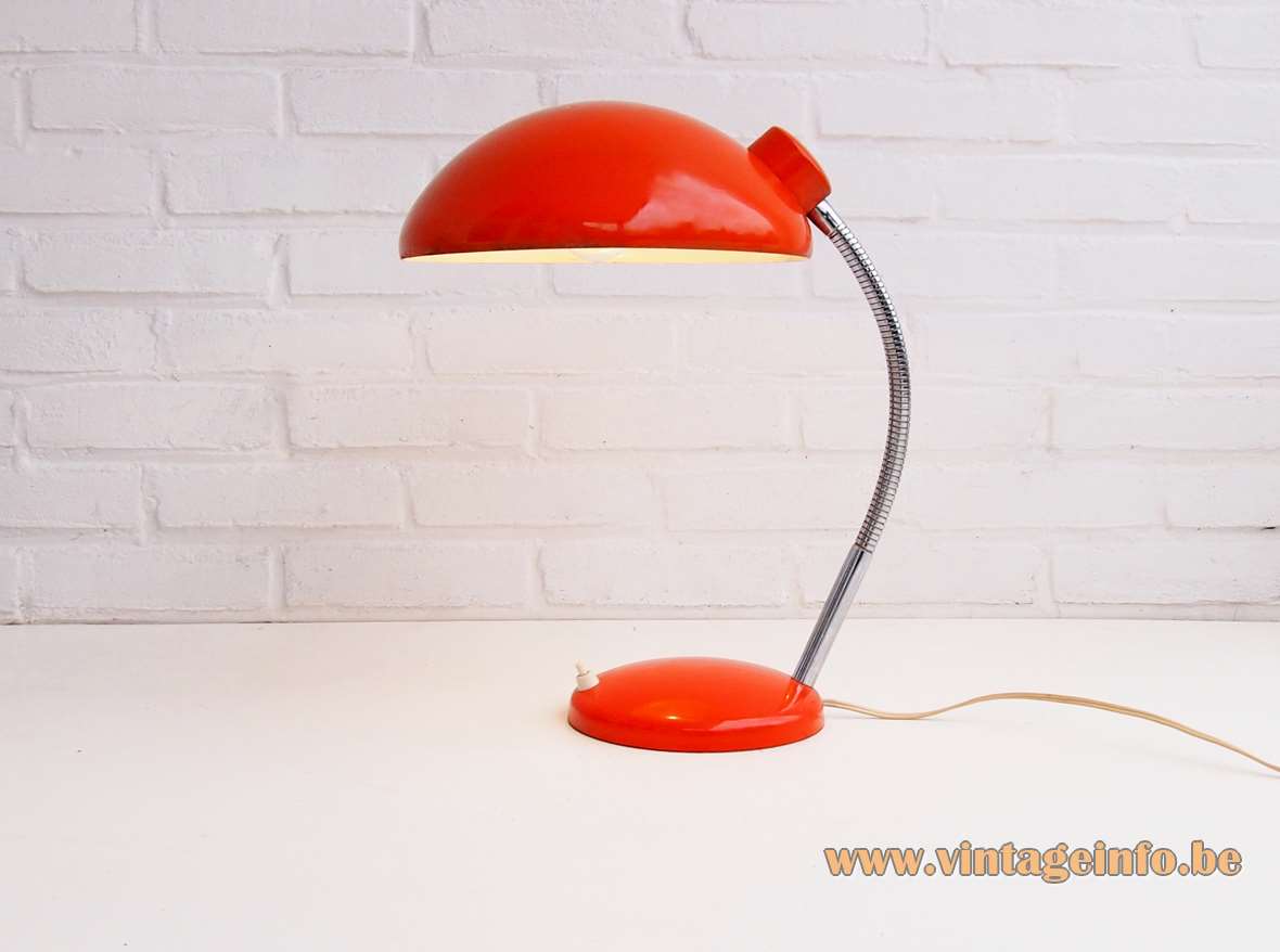 1970s Massive Bauhaus style desk lamp red base chrome rod & gooseneck round red lampshade Kaiser Idell 
