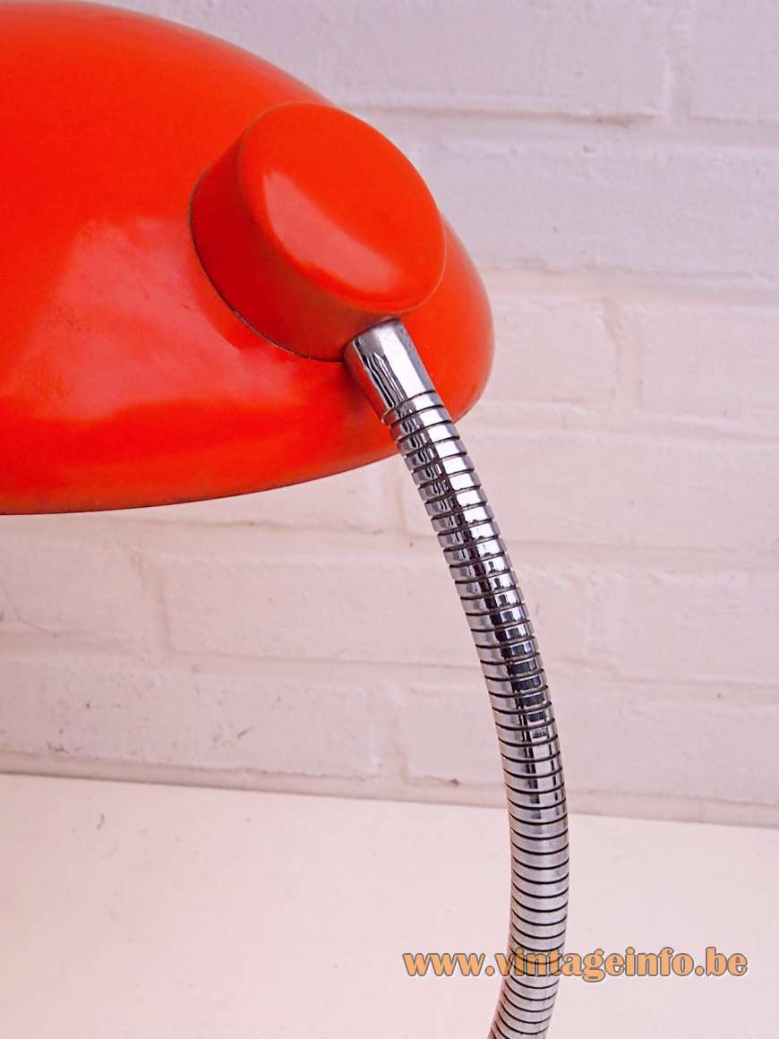 1970s Massive Bauhaus style desk lamp red base chrome rod & gooseneck round red lampshade Kaiser Idell 