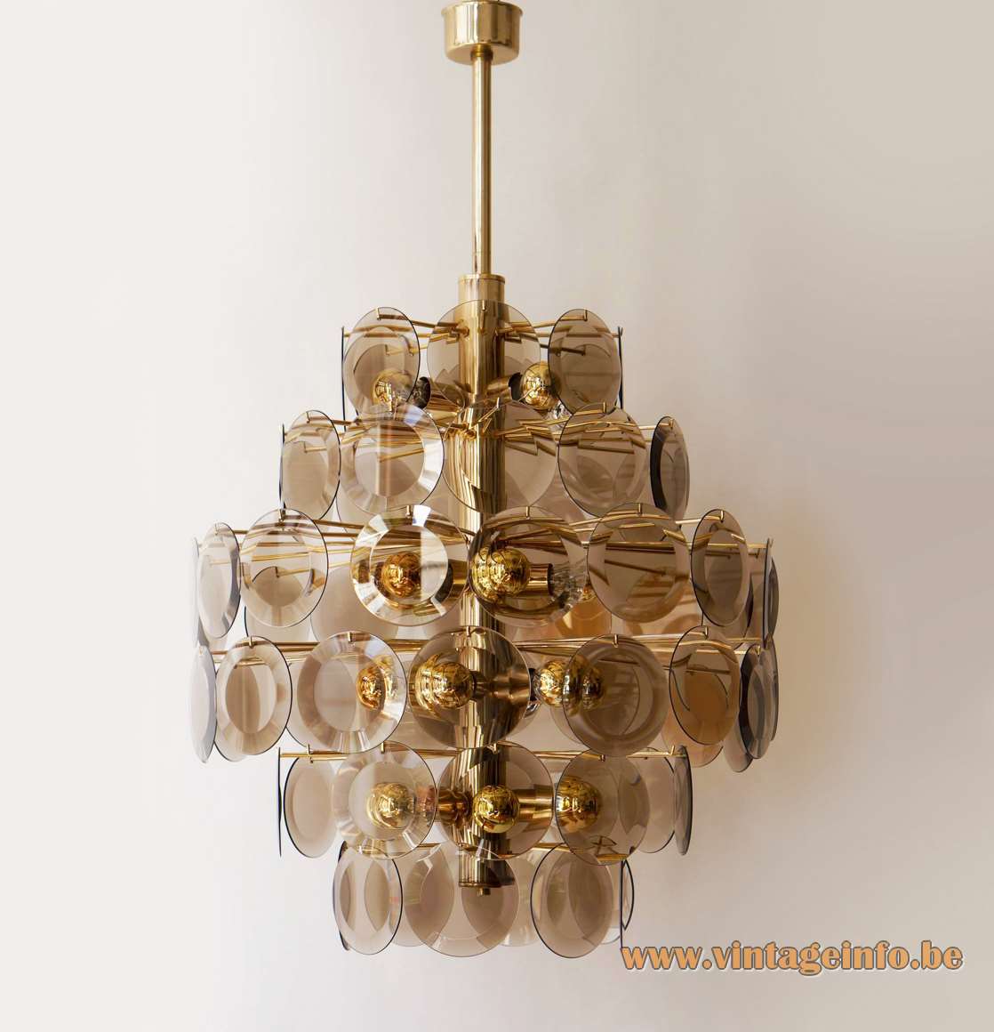1970s smoked cut glass discs chandelier 71 dishes facet-cut brass wire frame rod ORION Austria 1980s