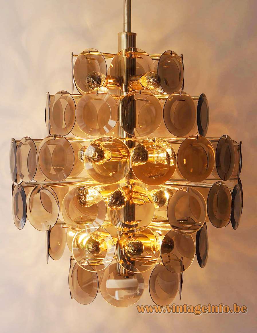 1970s smoked cut glass discs chandelier 71 dishes facet-cut brass wire frame rod ORION Austria 1980s