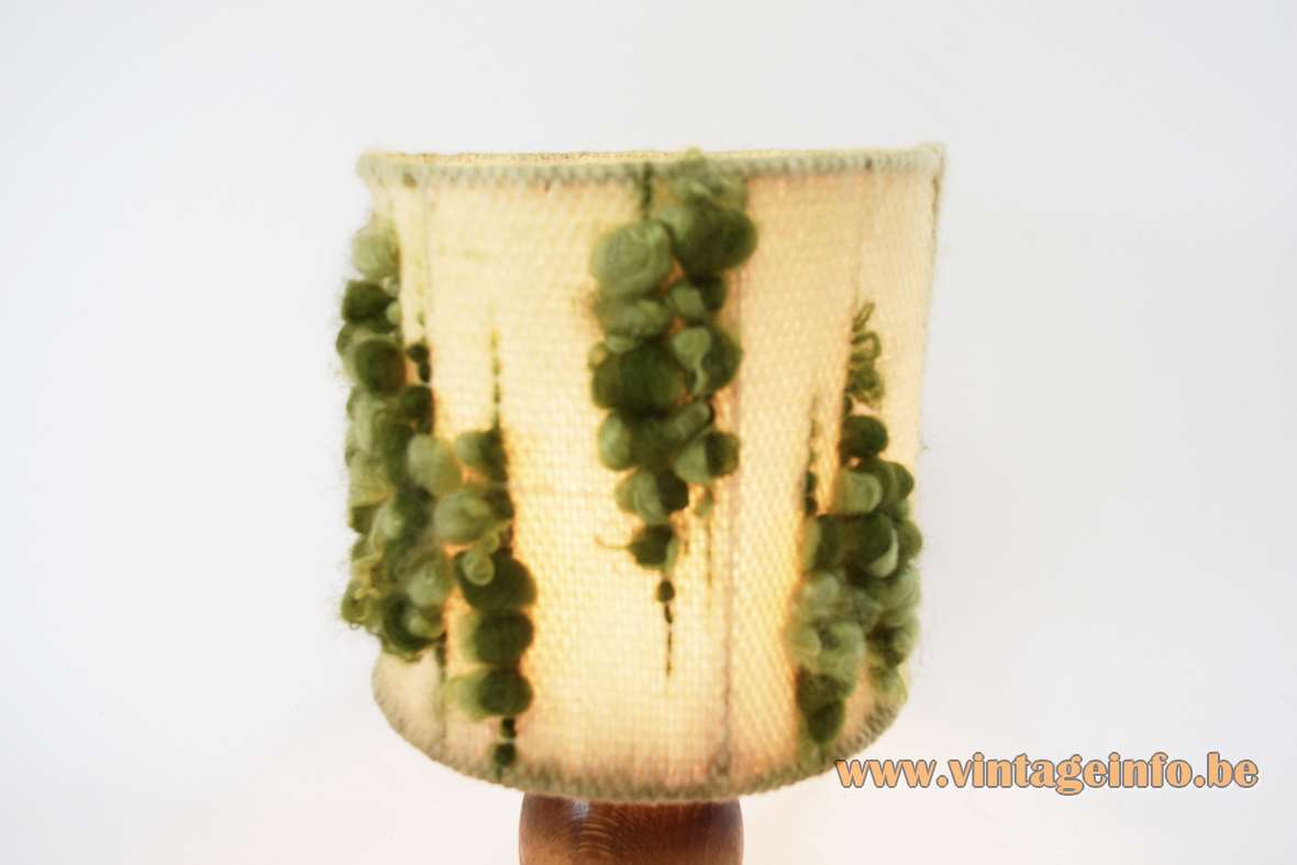 1970s wool table lamp round hollowed out wooden base round handmade fabric lampshade MCM 70s