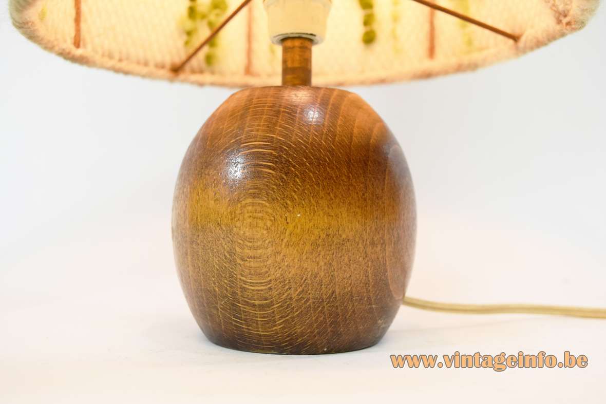 1970s wool table lamp round hollowed out wooden base round handmade fabric lampshade MCM 70s