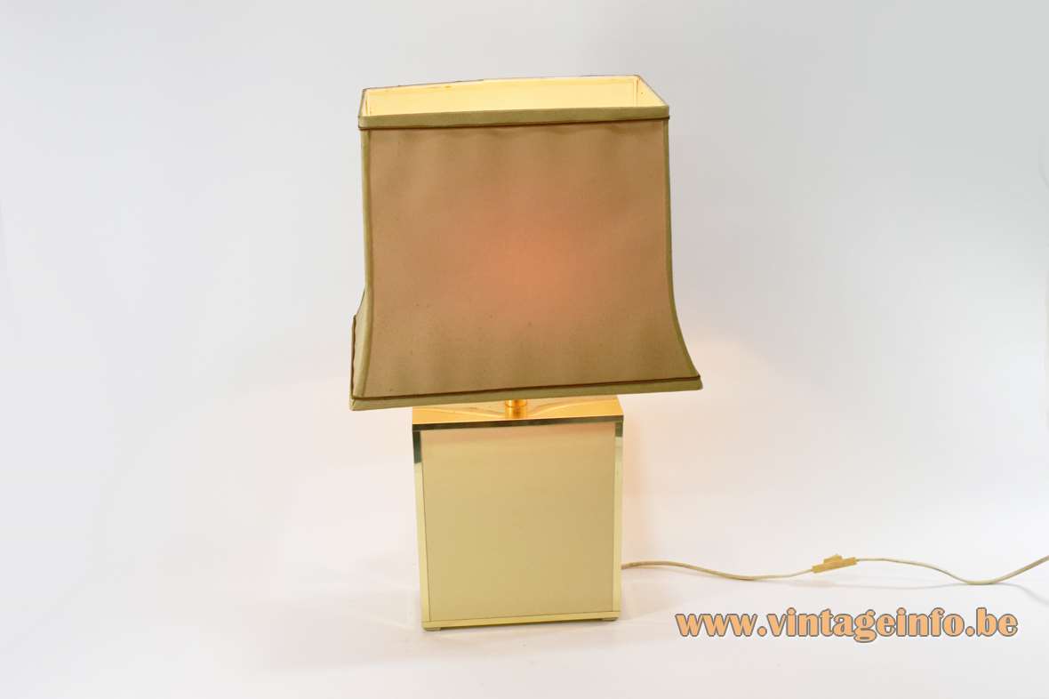 1980s pagoda table lamp cream beam base brass rims fabric lampshade Le Dauphin France 1970s 