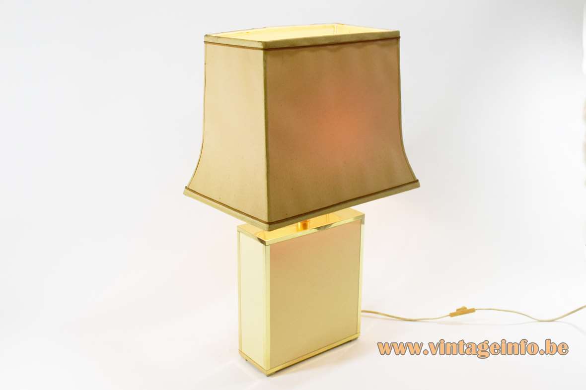 1980s pagoda table lamp cream beam base brass rims fabric lampshade Le Dauphin France 1970s 