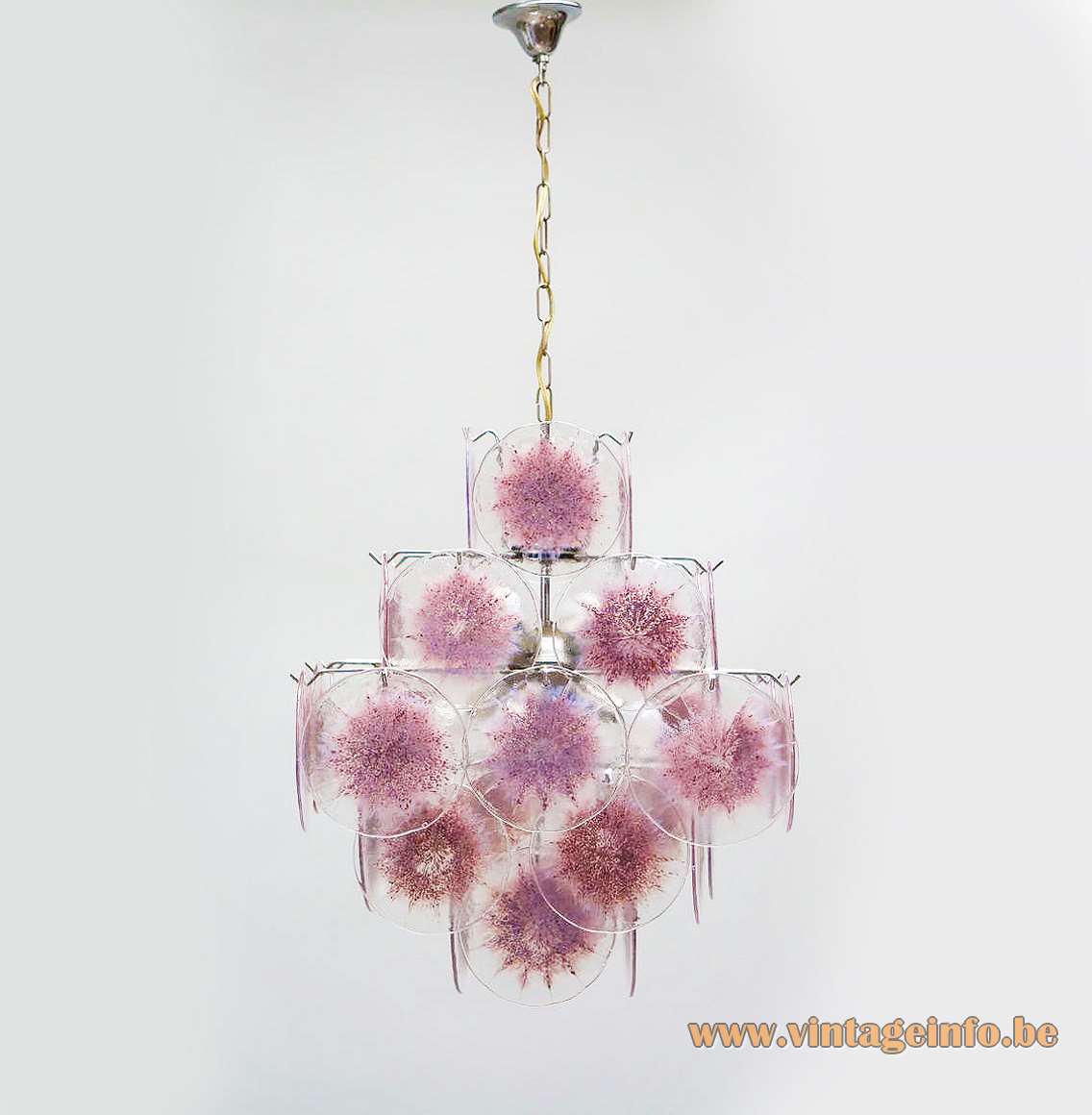 36 Discs Murano chandelier pink-purple glass dishes chrome wire frame AV Mazzega Vistosi 1960s 1970s