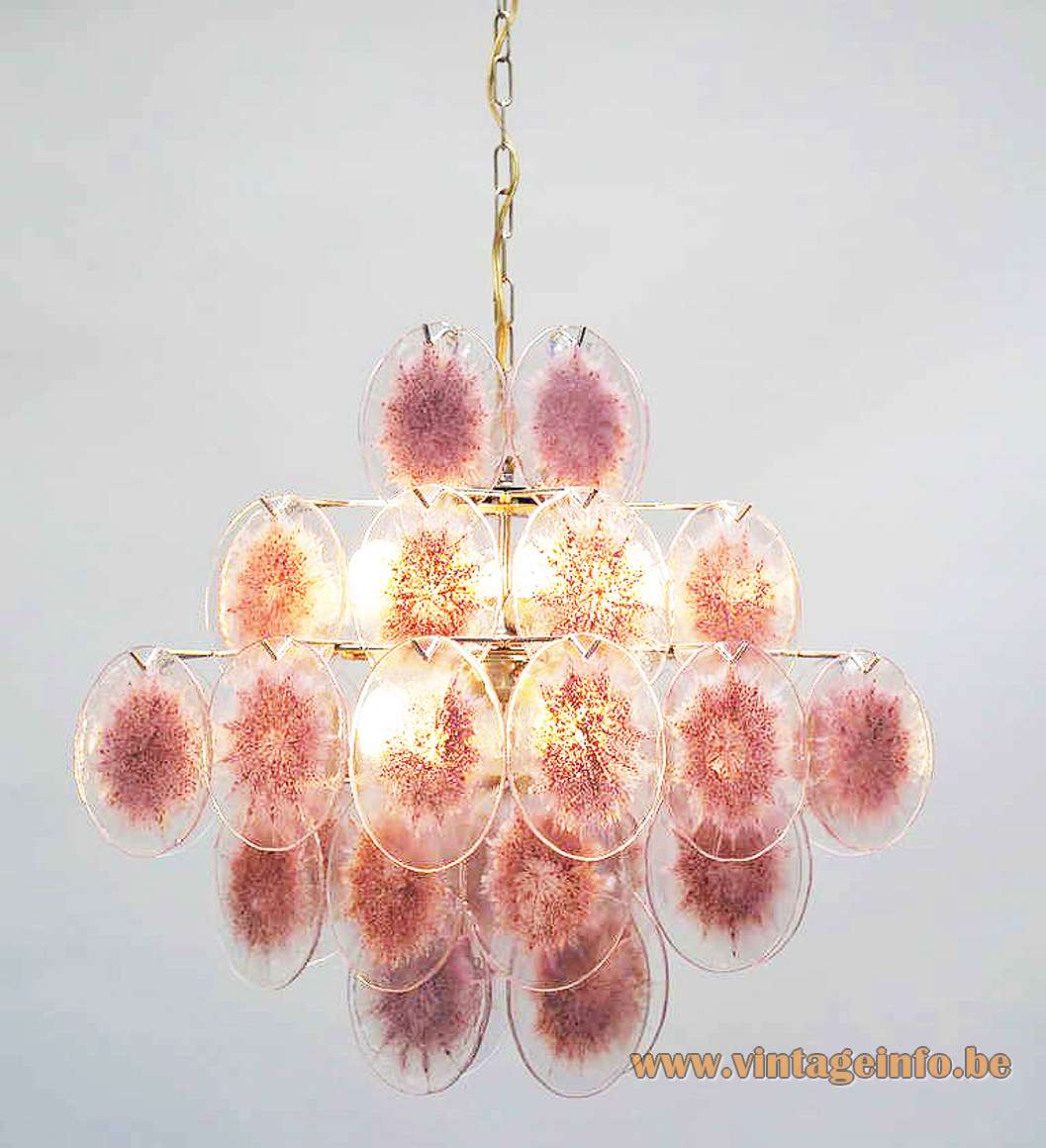 36 Discs Murano chandelier pink-purple glass dishes chrome wire frame AV Mazzega Vistosi 1960s 1970s