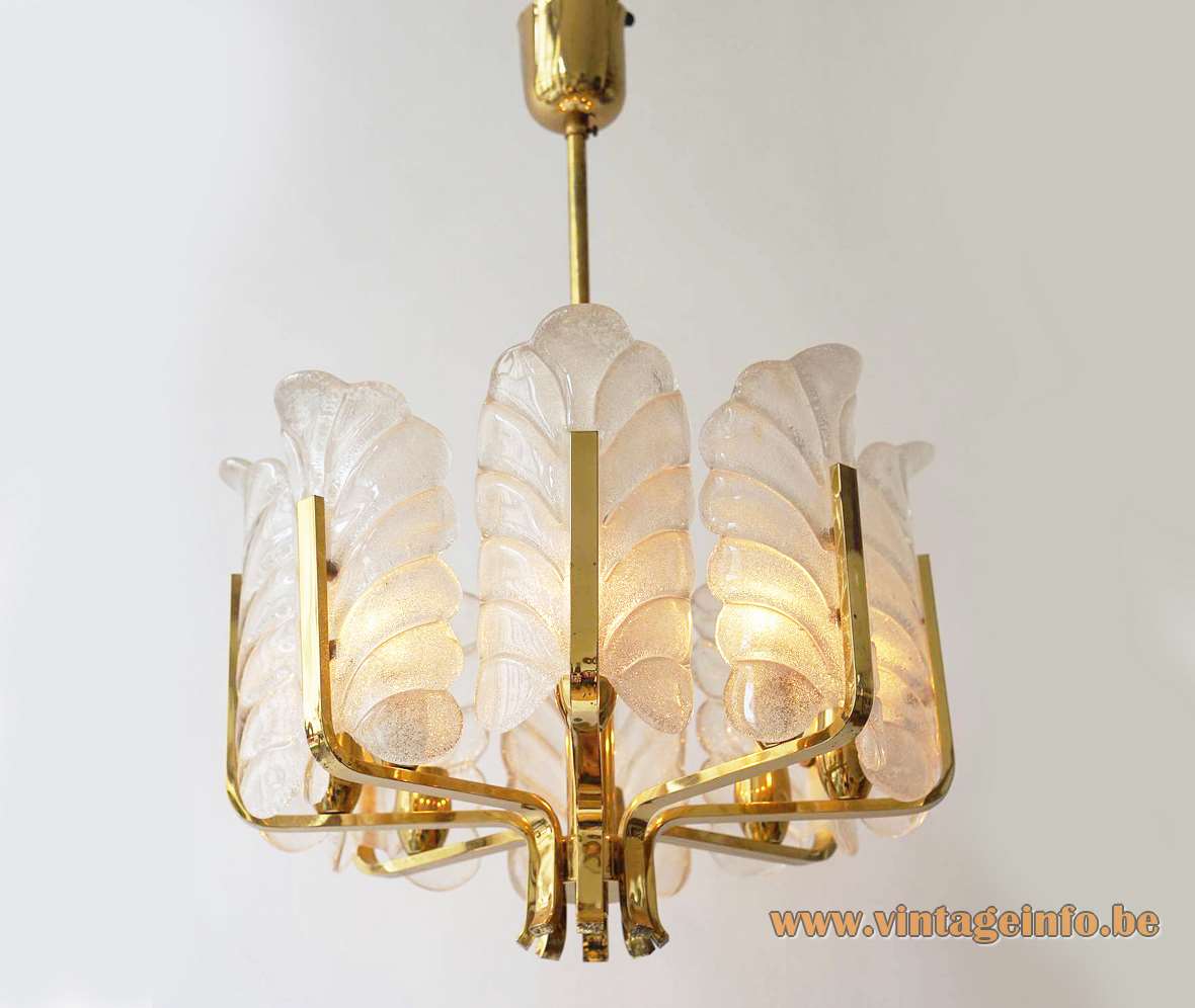 Carl Fagerlund Acanthus Orrefors chandelier 8 bubble glass leaves folded brass rods 1960s 1970s Sweden