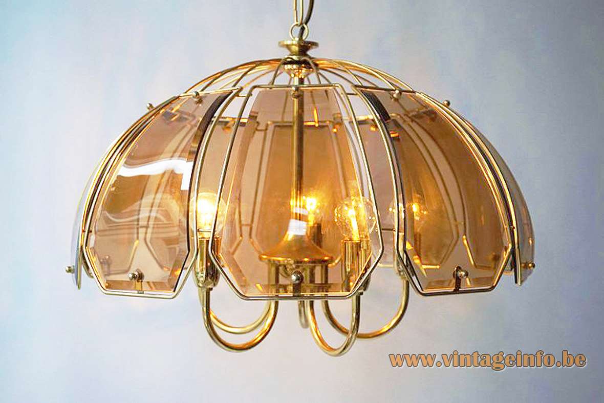 Curved smoked glass discs chandelier brass plated frame & rods Massive Belgium 1970s 1980s Sische 5 sockets