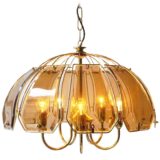 Curved smoked glass discs chandelier brass plated frame & rods Massive Belgium 1970s 1980s Sische 5 sockets