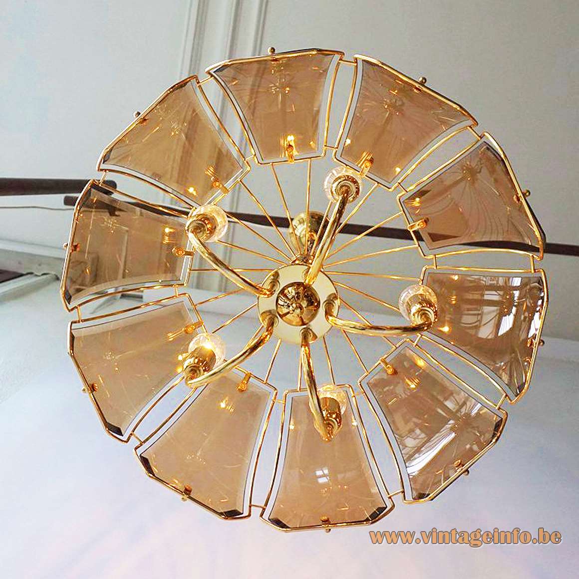 Curved smoked glass discs chandelier brass plated frame & rods Massive Belgium 1970s 1980s Sische 5 sockets