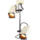 Double spotlight ceiling lamp 2 black & white square tubes lampshades chrome rod flush mount 1970s Philips