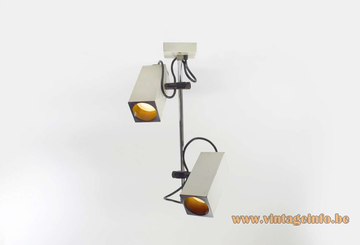 Double spotlight ceiling lamp 2 black & white square tubes lampshades chrome rod flush mount 1970s Philips 
