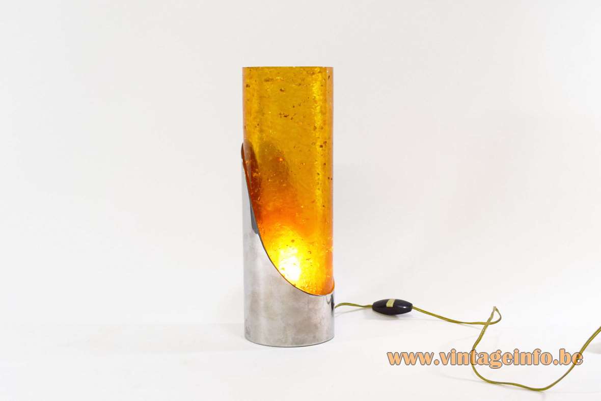 Fractal resin shatterline table lamp design: Pierre Giraudon yellow-orange tube stainless steel base 1970s France