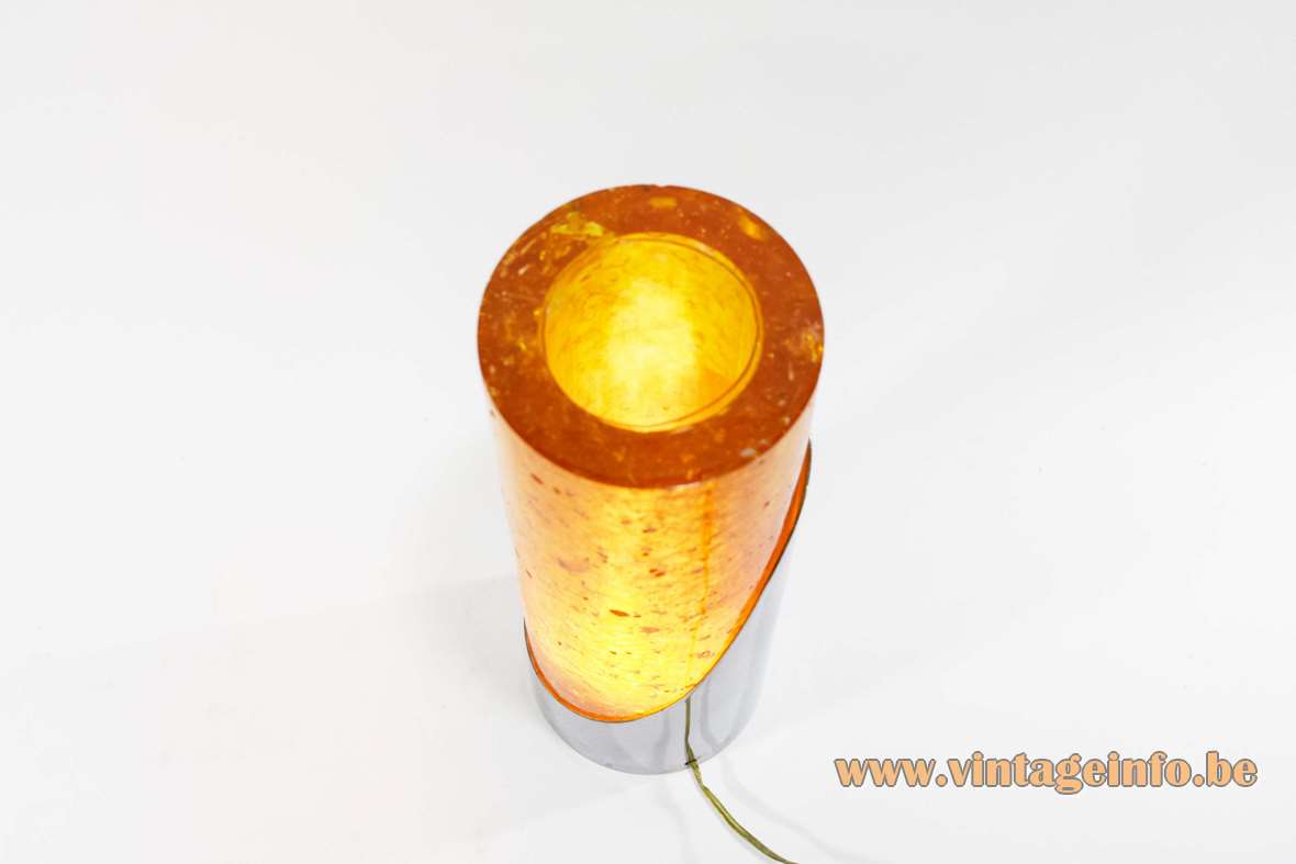 Fractal resin shatterline table lamp design: Pierre Giraudon yellow-orange tube stainless steel base 1970s France
