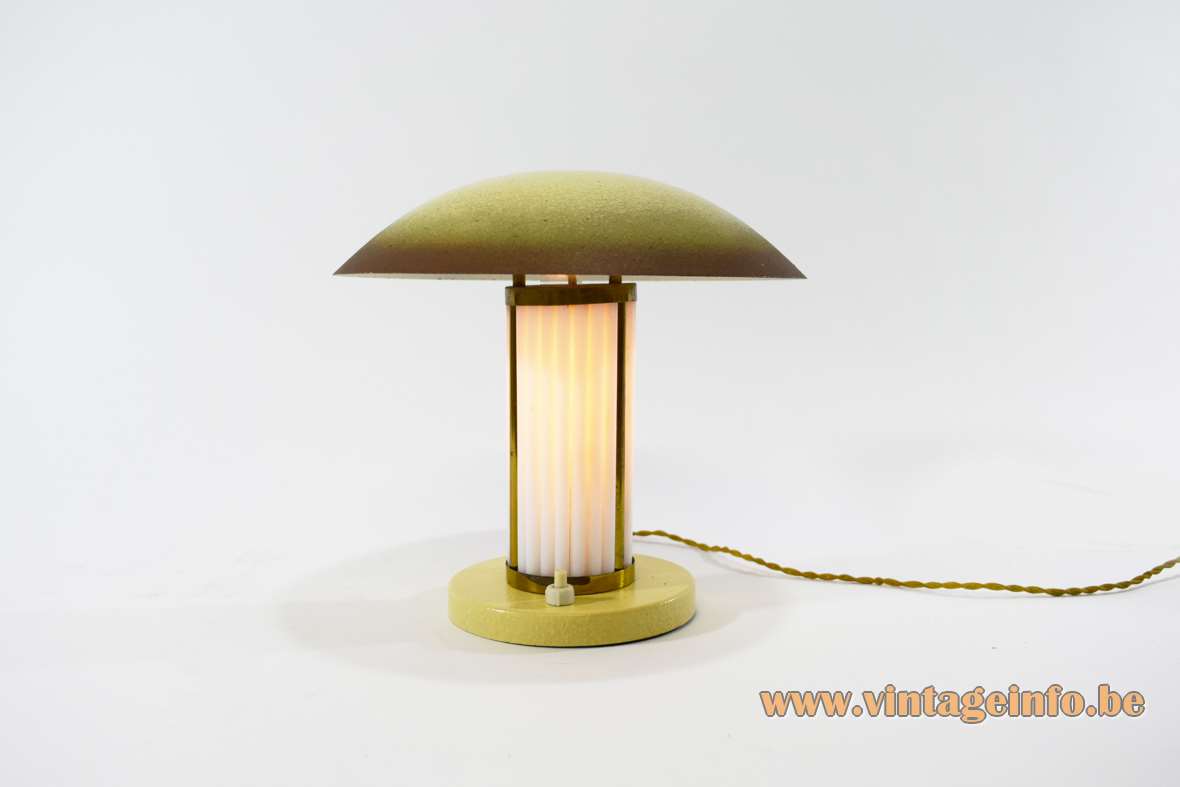 Art deco table lamp round metal brass opal glass rods tubes mushroom lampshade 1920s 1930s B22 socket Bauhaus