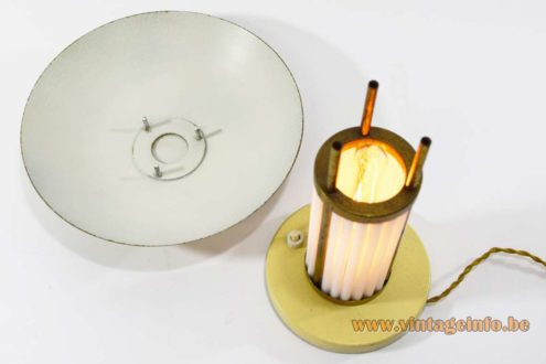 Table lamp made of metal and brass, 21 white opal glass rods, mushroom lampshade, 1920s 1930s