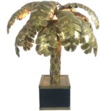 Maison Jansen palm tree table lamp square black base burned brass leaves & trunk 1970s 1980s France