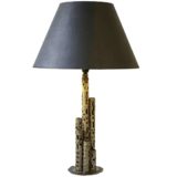 Marcello Fantoni table lamp wrought burned iron tubes round base conical fabric lampshade 1970s brutalist Italy