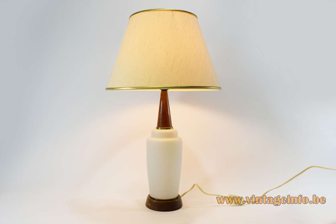 Opal glass & teak table lamp round wood base conical rod fabric lampshade 1960s 1970s 