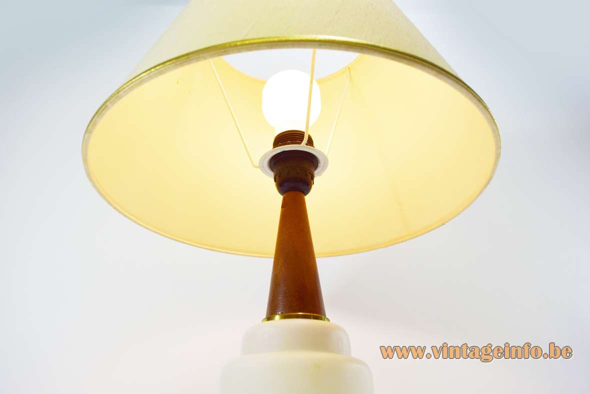 Opal glass & teak table lamp round wood base conical rod fabric lampshade 1960s 1970s 