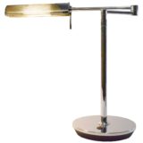 Peters Design Fingo desk lamp round chrome base pivoting metal rods elongated gauze lampshade 1990s Germany