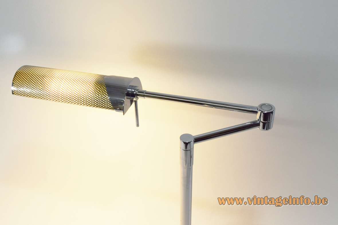 Peters Design Fingo desk lamp round chrome base pivoting metal rods elongated gauze lampshade 1990s Germany