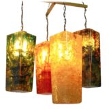 Pierre Giraudon fractal resin shatterline chandelier green yellow orange red conical beams brass chain 1970s France