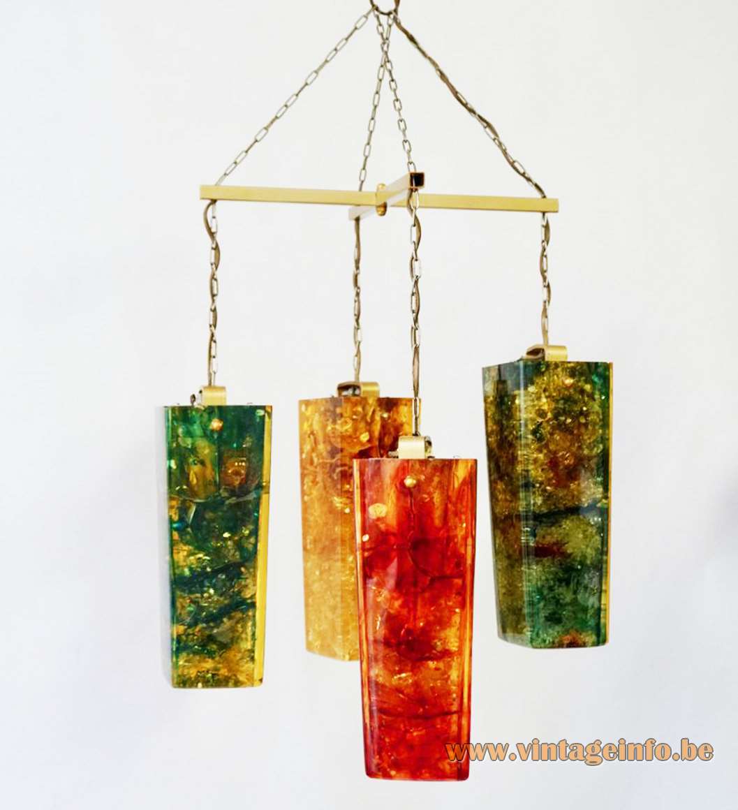 Pierre Giraudon fractal resin shatterline chandelier green yellow orange red conical beams brass chain 1970s France