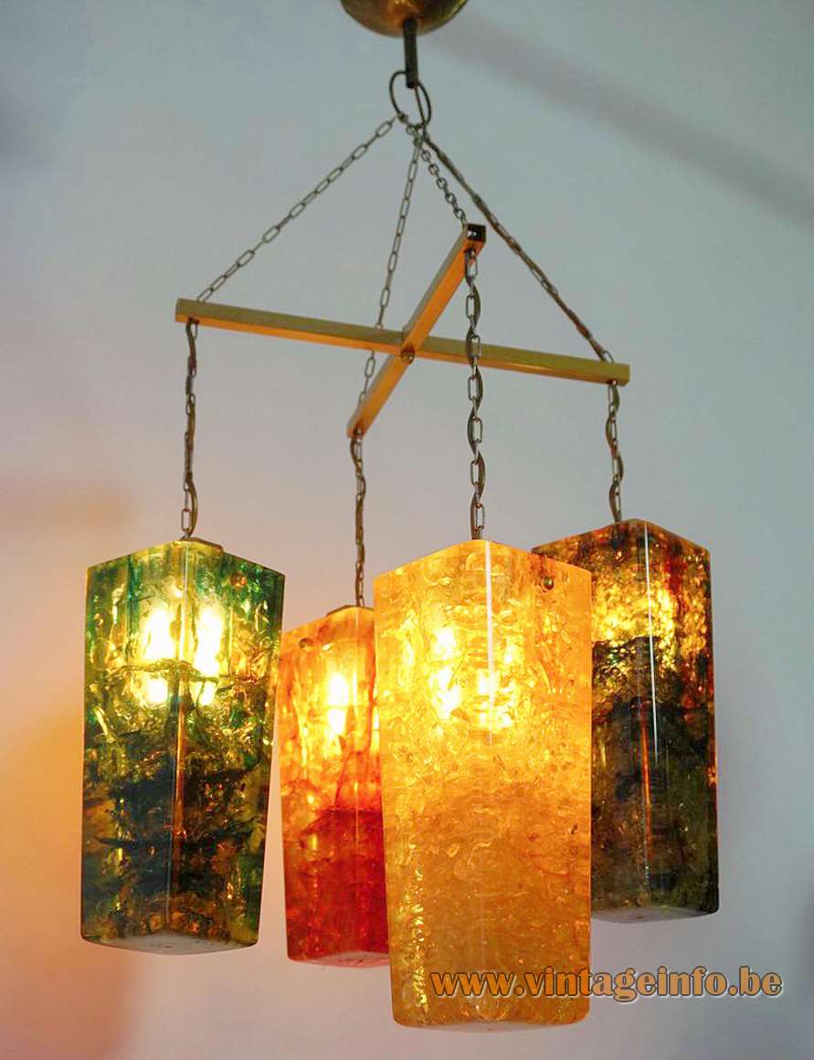 Pierre Giraudon fractal resin shatterline chandelier green yellow orange red conical beams brass chain 1970s France