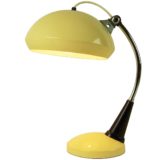 VEB Leuchtenbau desk lamp round metal yellow base and lampshade curved chrome rod 1970s 1980s GDR