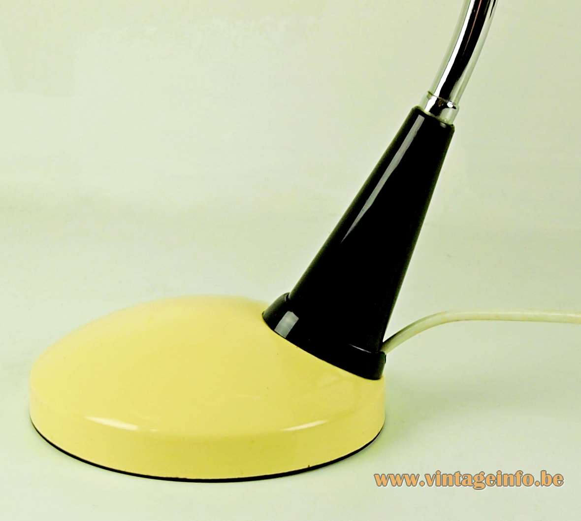VEB Leuchtenbau desk lamp round metal yellow base and lampshade curved chrome rod 1970s 1980s GDR