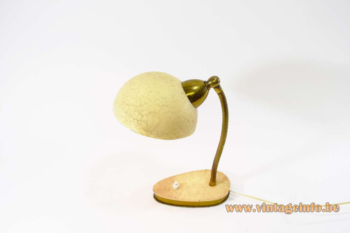 1950s cream wrinkle paint desk lamp metal oval base brass gooseneck round lampshade Massive Belgium 1960s 
