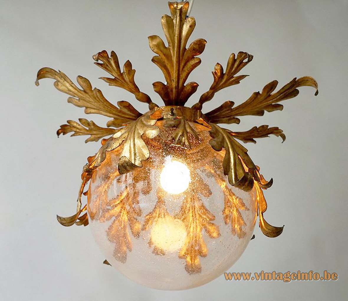 Banci Firenze globe flush mount clear glass lampshade gold painted metal oak leaves & ferns Florence Italy