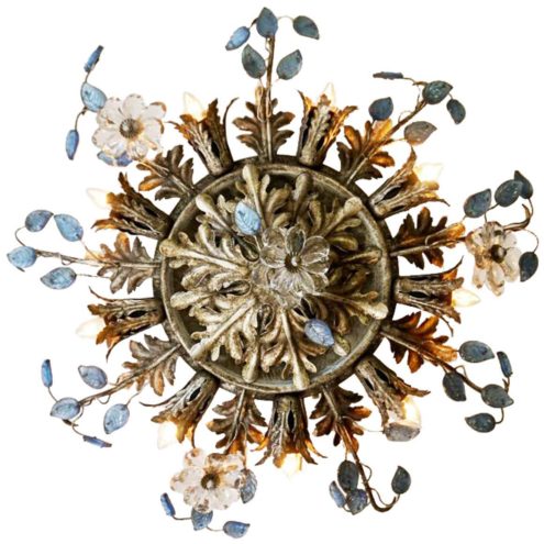 Banci flowers and oak leaves flush mount gold painted metal superclassic blue glass sunburst Firenze Italy