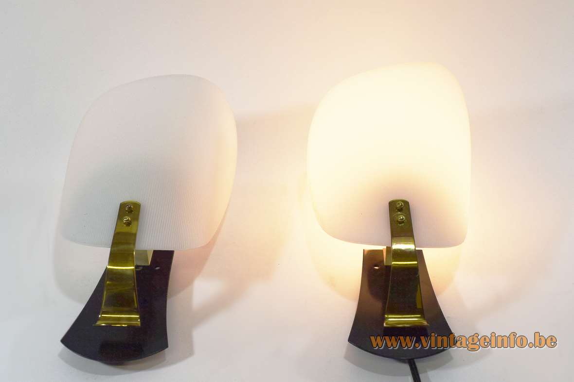 RZB Leuchten acrylic wall lamps ribbed white curved lampshade black mount brass slat 1950s 1960s Germany
