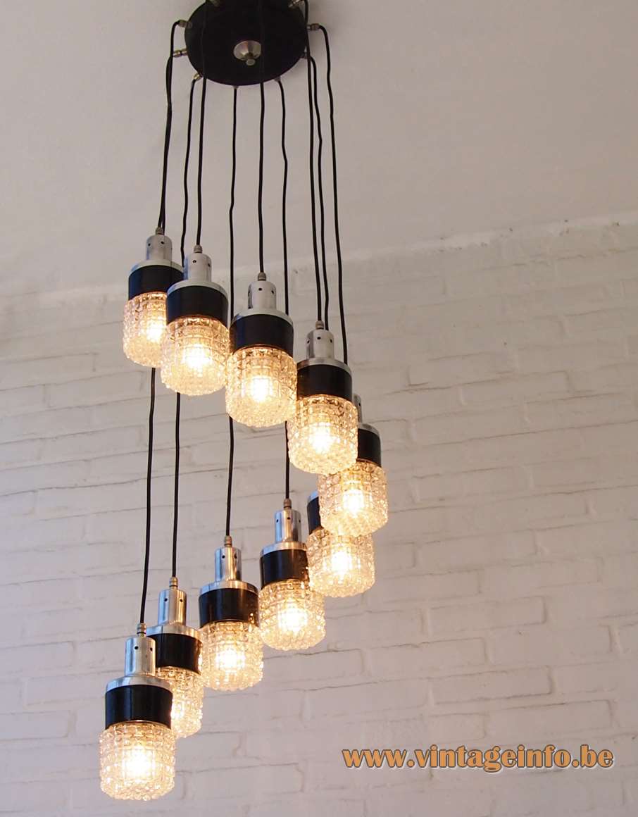 10 lights cascading pendant chandelier Round Bakelite & aluminium embossed glass lampshades black canopy 1950s 1960s Germany