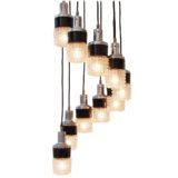 10 lights cascading pendant chandelier Round Bakelite & aluminium embossed glass lampshades black canopy 1950s 1960s Germany