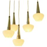 1960s cascading pendant chandelier 5 opal glass lampshades conical brass tubes black canopy RZB Leuchten Germany