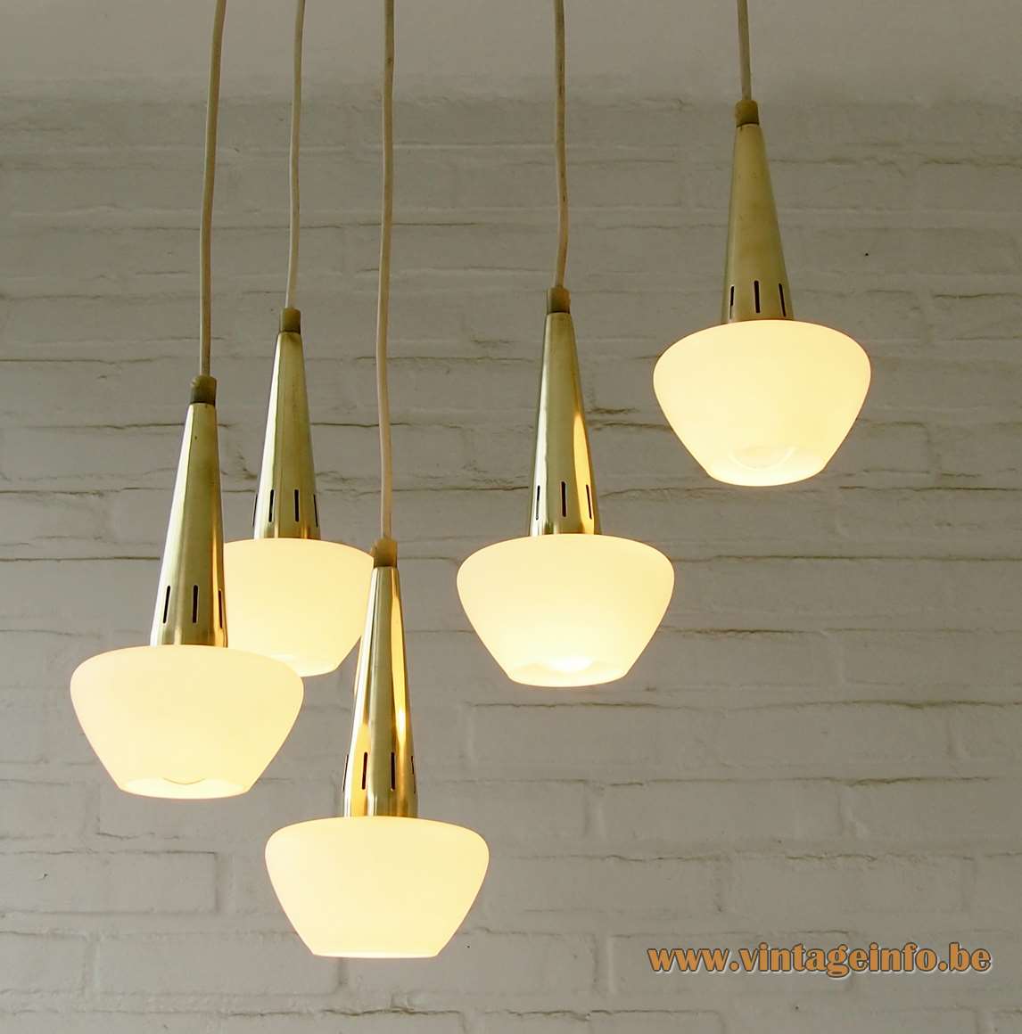 1960s cascading pendant chandelier 5 opal glass lampshades conical brass tubes black canopy RZB Leuchten Germany