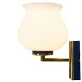 1960s tulip wall lamp white opal glass lampshade rectangular brass blue mount E14 socket Philips Netherlands