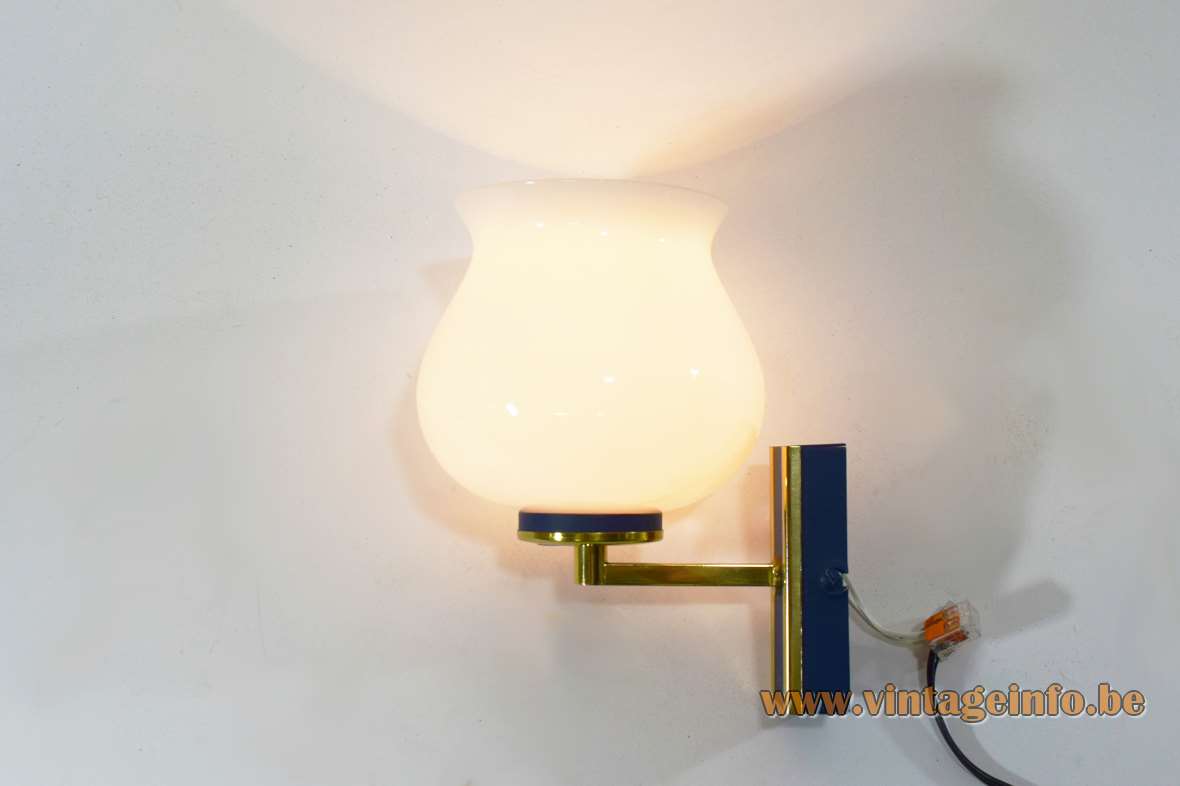 1960s tulip wall lamp white opal glass lampshade rectangular brass blue mount E14 socket Philips Netherlands