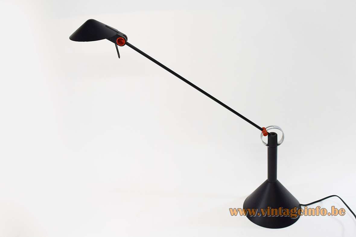 1980s Memphis style table lamp Heico Linke black conical round base thin rod Brilliant Leuchten Germany