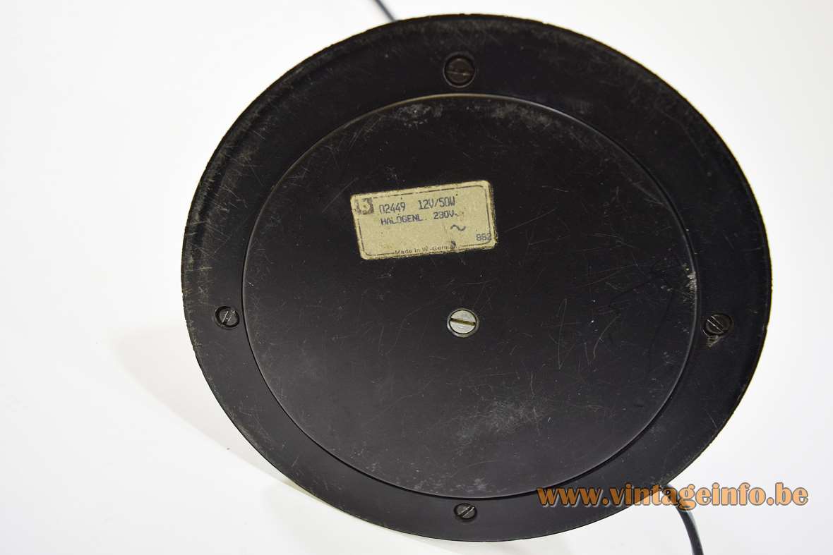 1980s Memphis style table lamp Heico Linke black conical round base thin rod Brilliant Leuchten label
