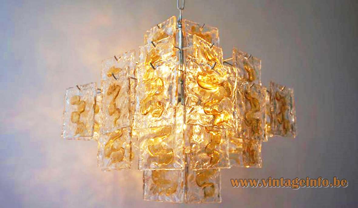 V Mazzega square discs chandelier design: Carlo Nason amber Murano glass metal wire frame 1960s 1970s Italy