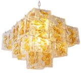 V Mazzega square discs chandelier design: Carlo Nason amber Murano glass metal wire frame 1960s 1970s Italy