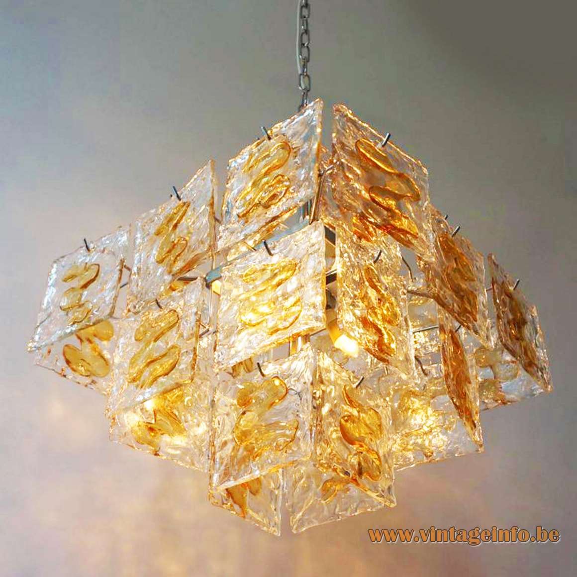 V Mazzega square discs chandelier design: Carlo Nason amber Murano glass metal wire frame 1960s 1970s Italy