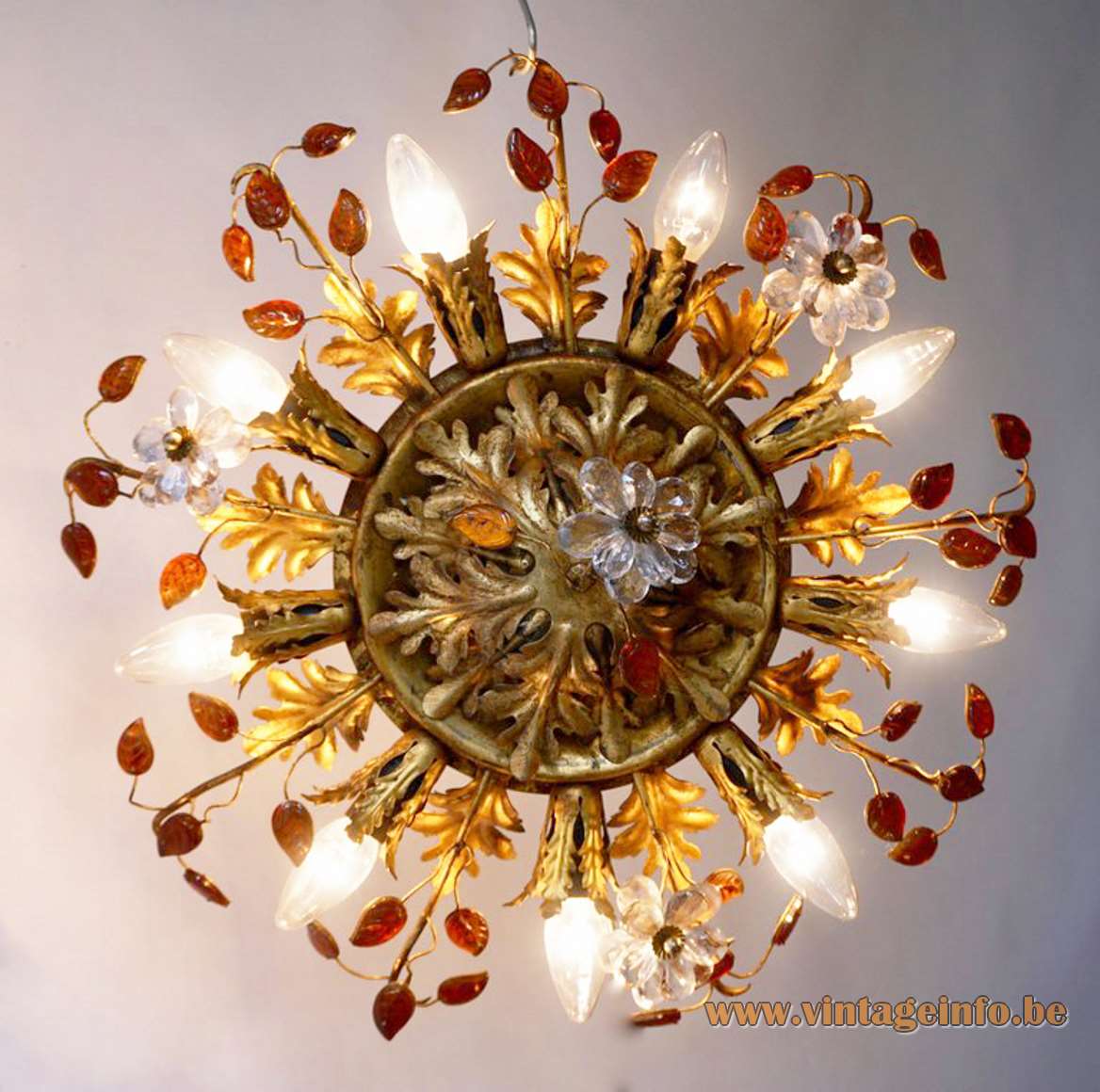 Banci Firenze oak leaves & flowers flush mount gold painted metal brass superclassic amber glass sunburst Italy 