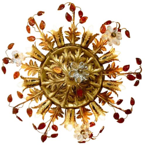 Banci Firenze oak leaves & flowers flush mount gold painted metal brass superclassic amber glass sunburst Italy