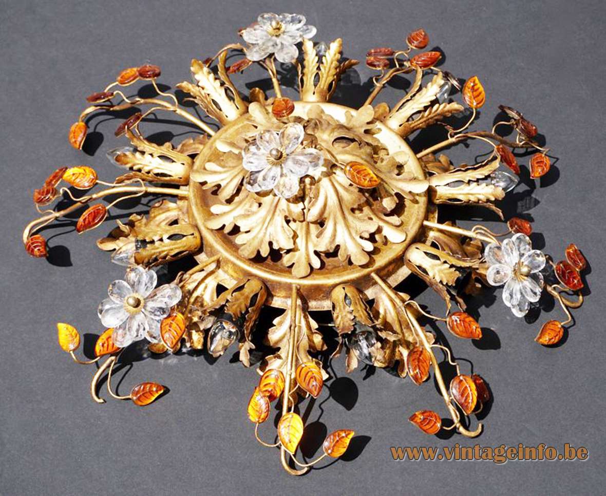 Banci Firenze oak leaves & flowers flush mount gold painted metal brass superclassic amber glass sunburst Italy 