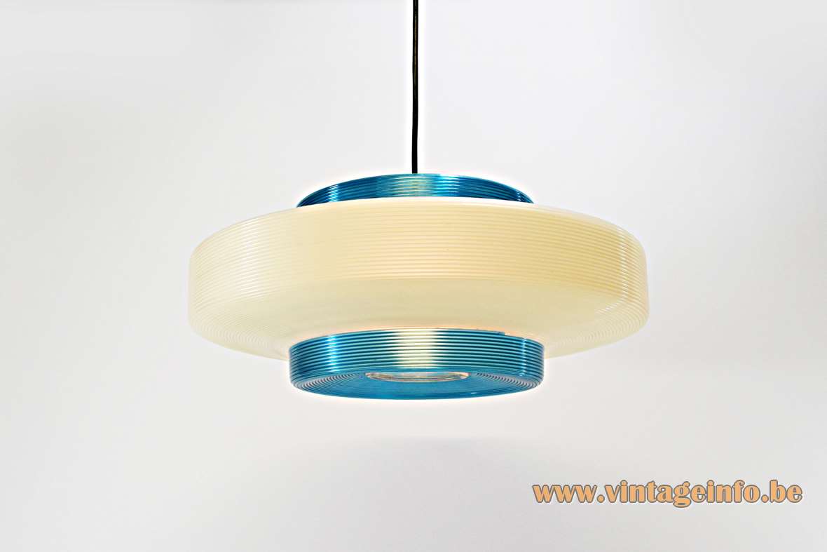 Blue & white Rotaflex pendant lamp design: John & Sylvia Reid iridescent plastic two-tone lampshade 1950s 1960s